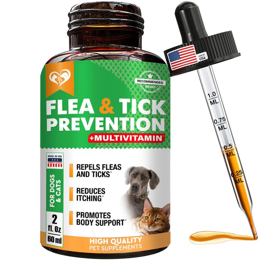 Oral Flea & Tick Prevention for Dogs and Cats Natural Flea Control and Medicine & Treatment for Small and Large Dogs Multivitamin Drops Supplements for Pets Made in USA