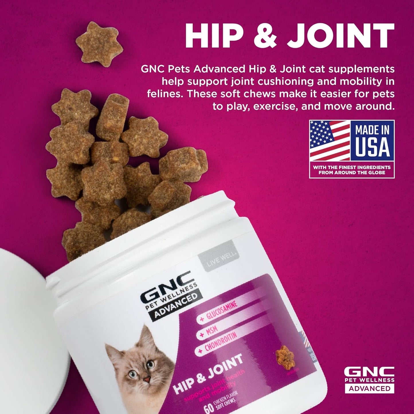 Pets Advanced Hip & Joint Health Cat Chew Supplements, Mobility and Joint Support Soft Chews for Cats, Treats Include Glucosamine, Chondroitin , and MSM, Feline Health Supplies, 60 Count