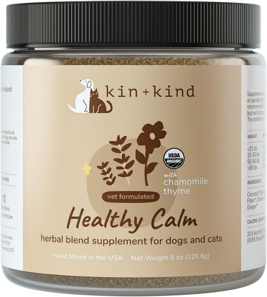 Healthy Calm Supplement for Dogs & Cats - Vet Formulated Natural Formula with Organic Chamomile, Thyme, Apple Pomace, Ginger and Coconut- Made in USA - 8 Oz (Large)