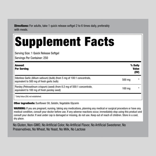Odorless Garlic and Parsley Softgels | Garlic Supplements 500Mg | 250 Count | by