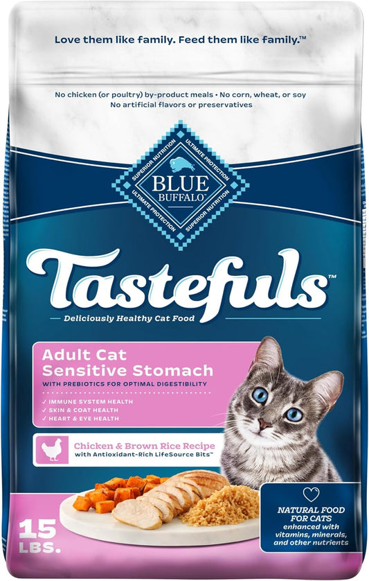 Tastefuls Natural Dry Food for Adult Cats, Sensitive Stomach, Chicken & Brown Rice Recipe, 15-Lb Bag