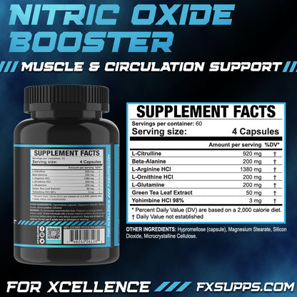 Nitric Oxide Booster Natural 1380 Mg L-Arginine, L-Citrulline, and Beta-Alanine Capsules for Vascularity & Energy, 240 Count