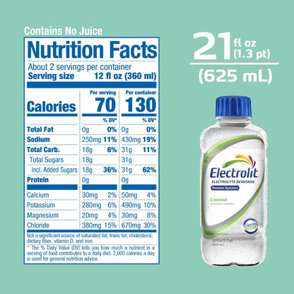 (6 Pack)  Electrolyte Drink, Coconut, 21Oz Bottle
