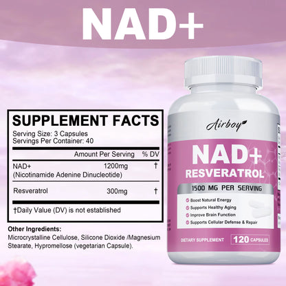 NAD+ Resveratrol Supplements - Natural Energy, Anti-Aging and Cellular Health, Strengthens the Immune System - 120 Capsules ﻿