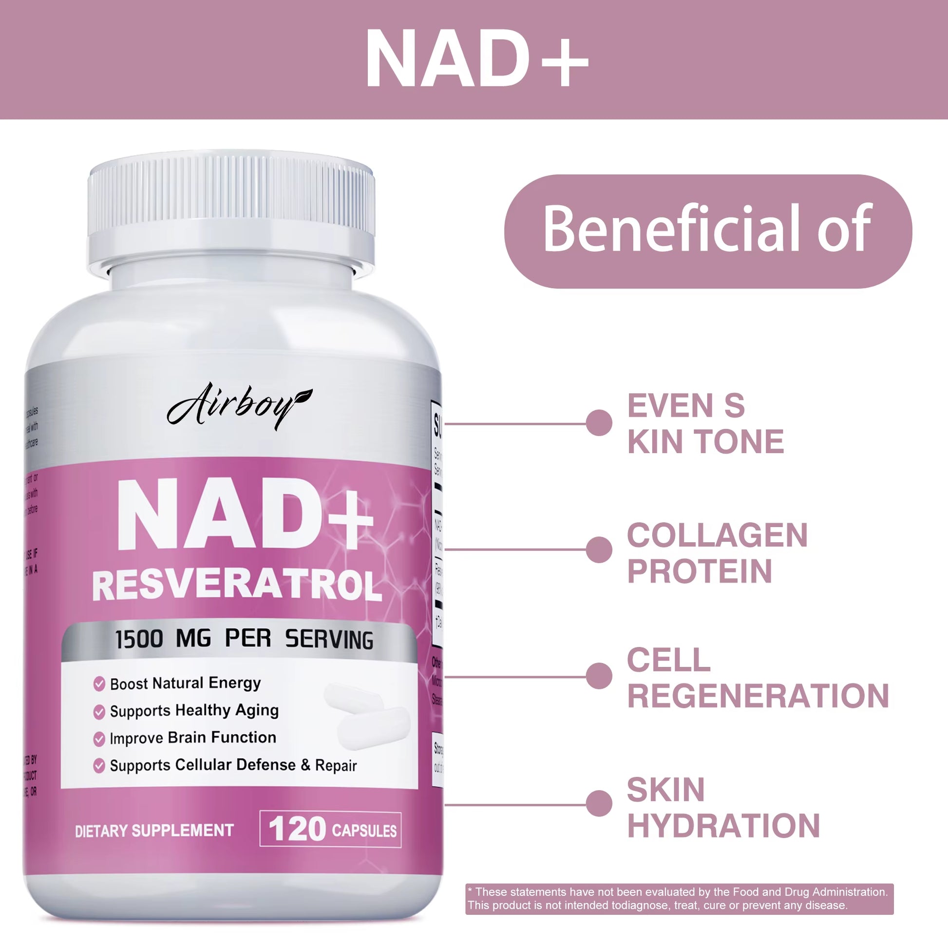 NAD+ Resveratrol Supplements - Natural Energy, Anti-Aging and Cellular Health, Strengthens the Immune System - 120 Capsules ﻿