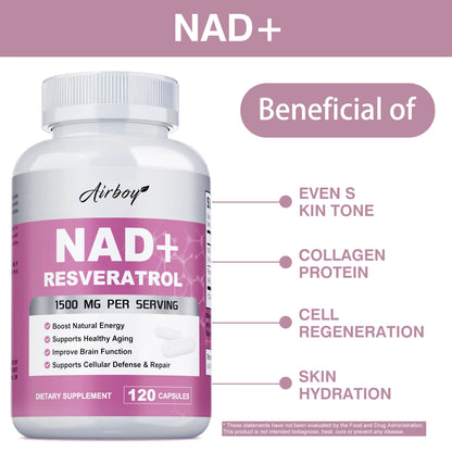 NAD+ Resveratrol Supplements - Natural Energy, Anti-Aging and Cellular Health, Strengthens the Immune System - 120 Capsules ﻿