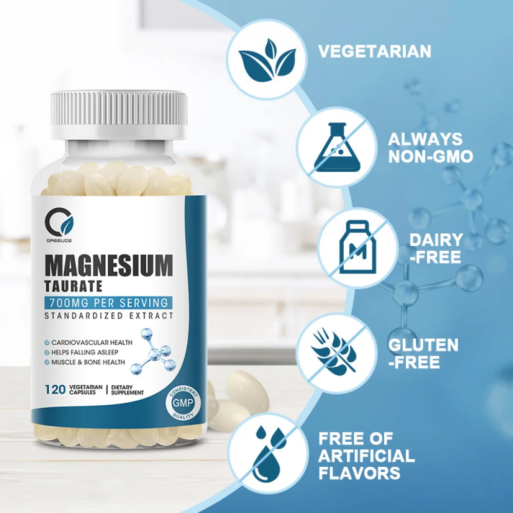 Magnesium Taurate Supplements - 120 Vegan Capsules - Supports Hearth Health, Muscle Cramps, Bone Health, Positive Mood - Non-Gmo and Gluten Free