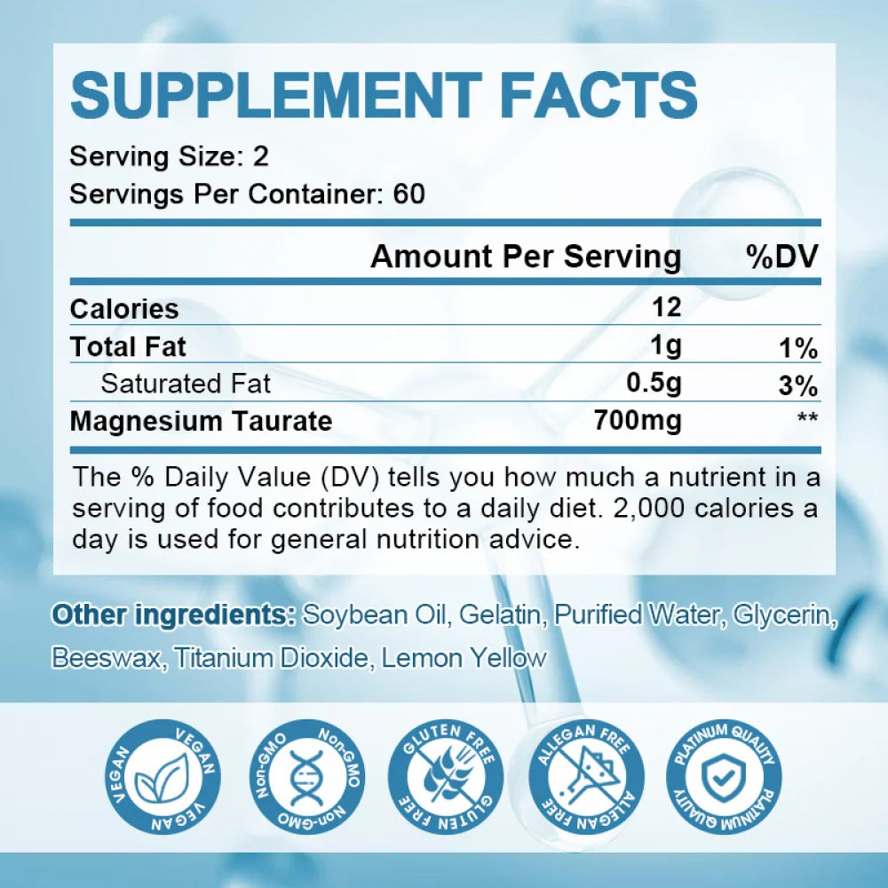 Magnesium Taurate Supplements - 120 Vegan Capsules - Supports Hearth Health, Muscle Cramps, Bone Health, Positive Mood - Non-Gmo and Gluten Free