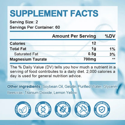 Magnesium Taurate Supplements - 120 Vegan Capsules - Supports Hearth Health, Muscle Cramps, Bone Health, Positive Mood - Non-Gmo and Gluten Free